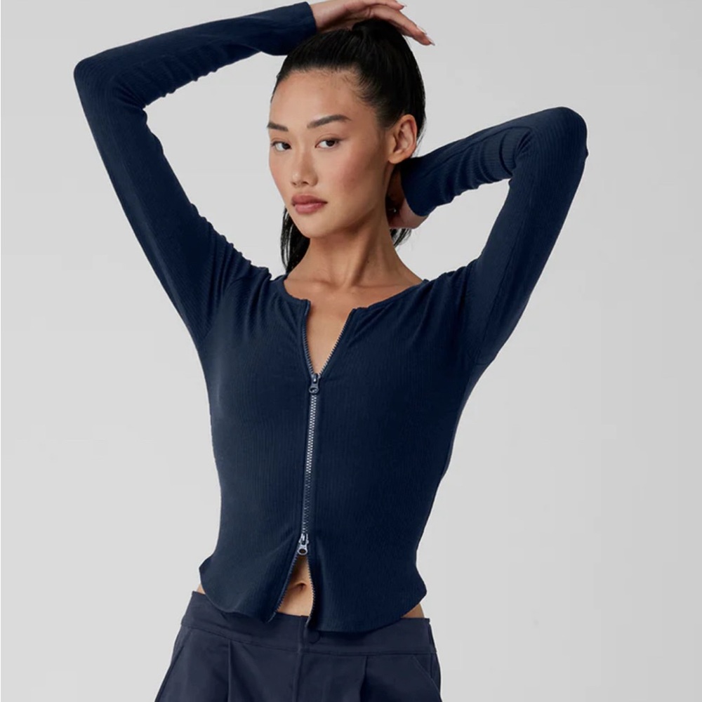NWT Alo Stardust Jacket Top Long Sleeve Ribbed Double Zipper Corset Navy Blue S